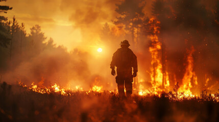Fototapeta premium Firefighter on the background of the fire view from the back