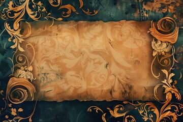 A grungy background with ornate golden floral patterns and an empty rectangular area in the middle for writing