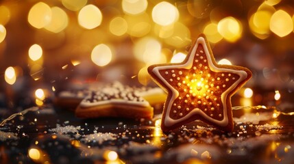 A warm, glowing Christmas star-shaped cookie on a festive background with bokeh lights.