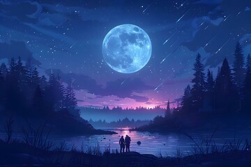 Enchanted Moonlit Lake with Stargazers. Concept Enchanted Landscapes, Moonlit Lakes, Stargazing, Night Photography, Magical Settings