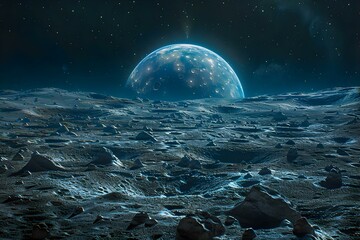 Lunar Vista: A Glimpse of the Celestial Beyond. Concept Astrophotography, Lunar Landscape, Moon Exploration, Space Photography, Celestial Perspectives - obrazy, fototapety, plakaty