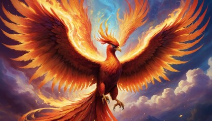 A vibrant illustration of a phoenix in mid-flight, its fiery wings spread against a dramatic sky, evoking themes of rebirth and fantasy.. AI Generation - obrazy, fototapety, plakaty