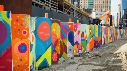 Design a series of temporary murals or graffiti art on construction barriers, transforming the site...