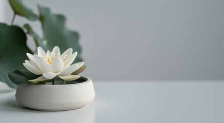 Fototapeta na wymiar Water lily in white ceramic pot with blurred background and blank copy space.