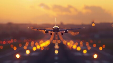 Commercial airplane landing on the runway at sunset, backlit with glowing lights.