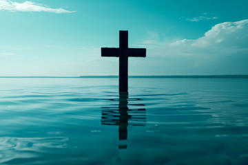 Christ with cross in water submerged in a blue lake. Generative AI