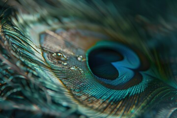 macro shot of the eye-shaped pattern on an iridescent peacock feather, capturing its intricate details and vibrant colors