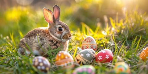 Fototapeta na wymiar An adorable bunny amidst colorful Easter eggs hidden in the fresh spring grass, symbolizing Easter traditions.