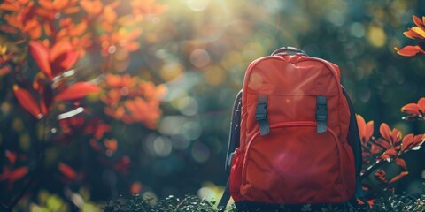 Red backpack standing alone amidst autumnal foliage in a sunlit forest.