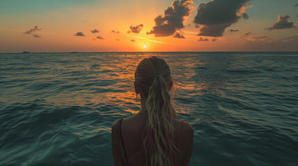 Silhouette of a woman with a ponytail observing a peaceful ocean sunset. - obrazy, fototapety, plakaty