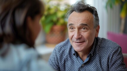 A cheerful elderly man engaging in a friendly conversation indoors. - obrazy, fototapety, plakaty
