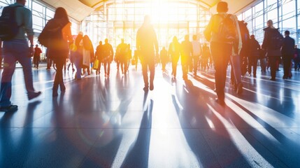 Crowd of travelers silhouetted in a sunlit, modern airport terminal. - obrazy, fototapety, plakaty