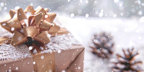 Close-up of a Christmas gift box adorned with a golden bow and snowflakes. - Powered by Adobe