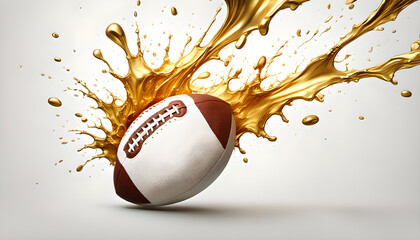 amerikanischer Football fliegt umspült von flüssigem Gold Meisterschaft der NFL Gewinnen erfolgreich, Hintergrund Vorlage für Werbung, Spiel, Saison, Wetten, Liga, Symbol, Logo, dynamische Aktion 