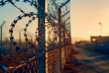 A closeup of the barbed wire on top of an outdoor fence symbolizing security and protection Generative AI - obrazy, fototapety, plakaty