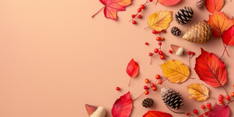 Top view of fall decorations, with vibrant leaves and pine cones, perfect for seasonal backgrounds.