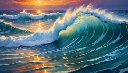 A beautifully rendered digital painting of a powerful ocean wave, capturing the fiery hues of sunset reflecting on the dynamic waters.. AI Generation