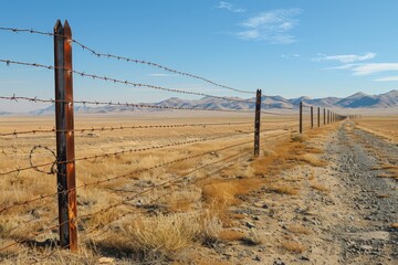 Fototapeta premium A closeup of the barbed wire on top of an outdoor fence symbolizing security and protection Generative AI