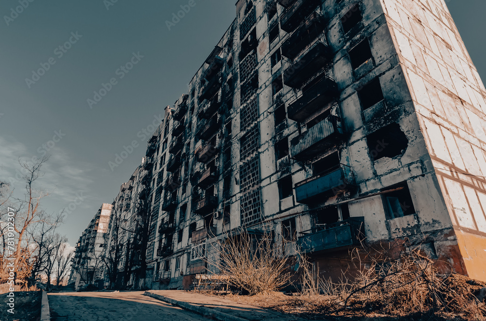 Wall mural destroyed and burned houses in the city russia ukraine war