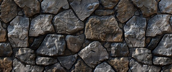 Stones and rocks on the wall. Stone background. Colorful stone wall background with natural rock texture. Top view of rough grey and brown decorative granite rocks in an outdoor landscape design.
