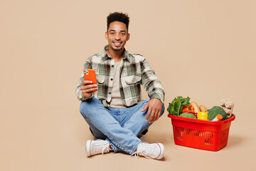 Full body satisfied fun young man wears grey shirt sit near red basket bag with food products hold...