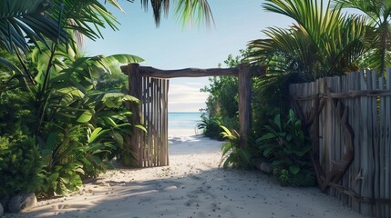 A coastal villa entrance with a driftwood gate and sandy pathway.