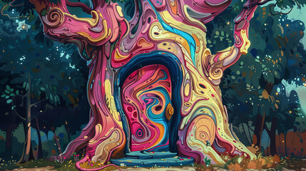 A tree with a colorful door and a colorful trunk