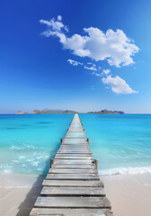 wooden pier on the beach, Suns healing, the beach of Mallorca with turquoise water and pier in Capdepera, Alcudia