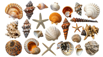 Assorted Sea Shells on White Background - obrazy, fototapety, plakaty