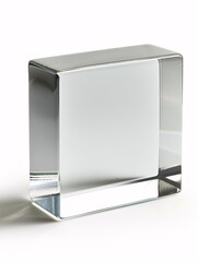 Clear plastic cube on a blank white surface.