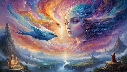 A celestial muse with vibrant, cosmic hair and a bird companion overlooks a magical landscape from a clifftop. AI Generation