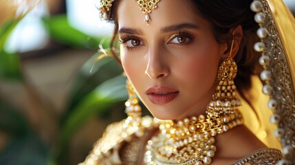 Indian film actress adorned in traditional attire and adorned with a set of gold accessories.