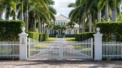 A colonial-style villa entrance with a white picket gate and manicured hedges.