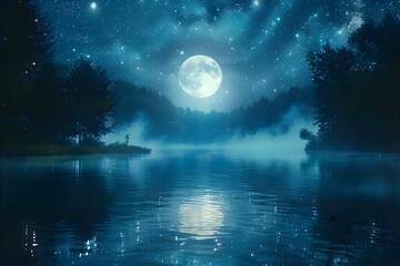 Fototapeta na wymiar Serene Lake under the Moonlit Symphony. Concept Lakeside Beauty, Moonlit Reflections, Nighttime Tranquility, Nature's Symphony