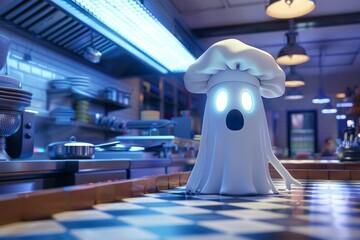 Cute 3D ghost wearing a chefs hat, pretending to cook in a fancy restaurant kitchen - obrazy, fototapety, plakaty