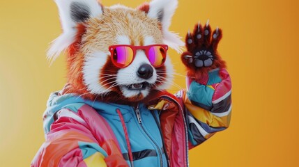 Cute red panda wearing avantgarde outfits, striking a pose with a playful, vogue vibe