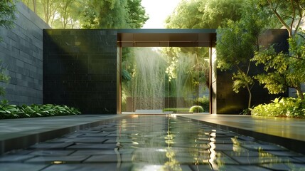 A contemporary villa entrance with a sleek glass gate and water feature.