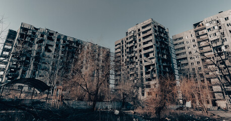 destroyed and burned houses in the city Russia Ukraine war