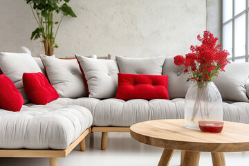 Round wooden coffee table near grey sofa with bright vibrant red pillows against stucco wall. Loft, scandinavian interior design of modern living room, home.