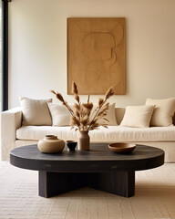 Japandi interior design of modern living room, home. - obrazy, fototapety, plakaty