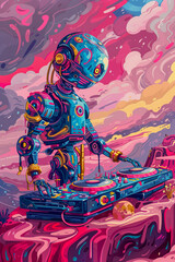 A robot is playing a DJ set on a colorful background