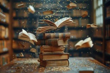Enchanted books floating with golden dust