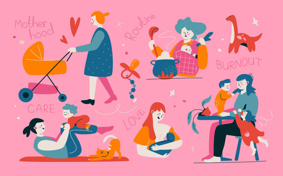 Parenthood - modern flat design style illustration on pink background. Images of a mother taking care of her child, preparing food, walking a baby cart, playing and feeding them, having burnout