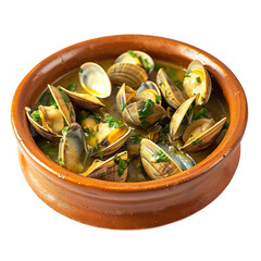 front view of Amêijoas à Bulhão Pato with Portuguese garlic clam dish, featuring fresh clams cooked with garlic, coriander, and white wine
