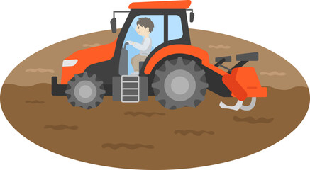 耕す、トラクターを操縦する男性のイラスト