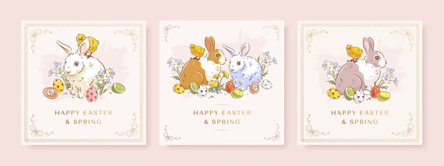 Happy easter square web banner, poster, flyer or greeting card set with hand drawn cartoon easter bunny, easter egg, chicken, flowers and golden frame on white background. Vector illustration