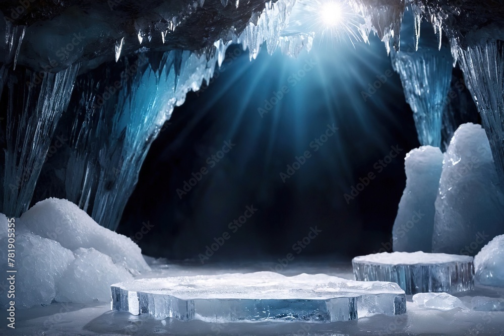 Wall mural Product packaging mockup photo of winter scene and Natural podium background, Ice podium on the ice mountain cave for product display, advertising, mockup, studio advertising photoshoot - Wall murals