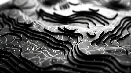 Monochrome Cartographic Design Intricate Map Lines and Patterns on a Black Background