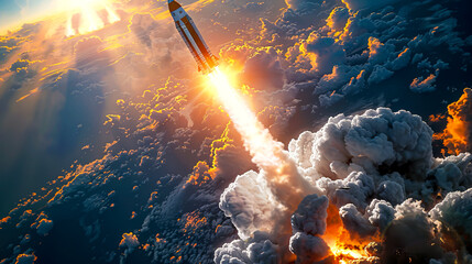 Launching into the Unknown A Stunning Space Rocket Ignition Amidst Clouds and Landscape - obrazy, fototapety, plakaty