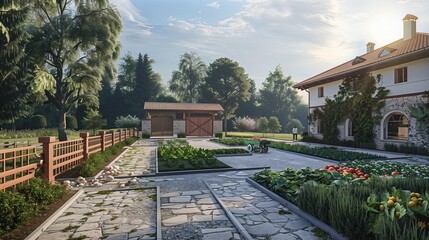 A farm-style villa entrance with a barn door gate and vegetable garden.